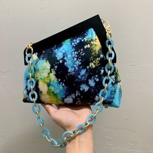 Handmade Genuine Premium Leather Tie-dye Printed Wooden Frame Bag with 2 Chains